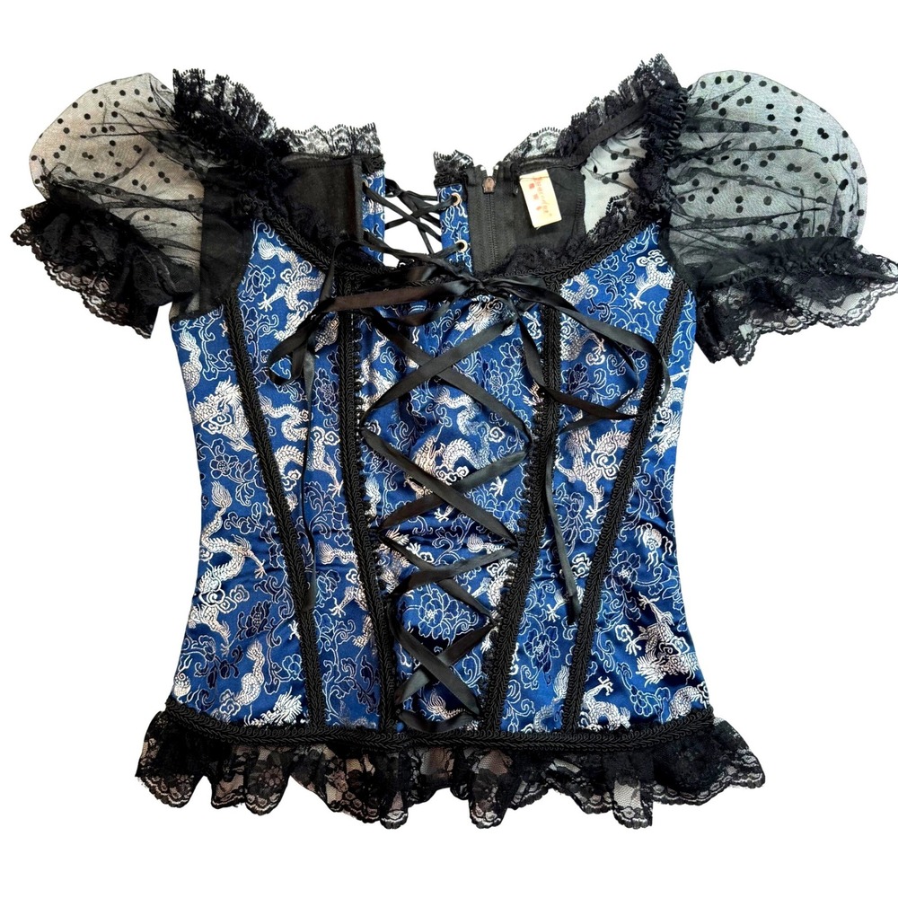 Blue Dragon Brocade Corset Top Lace Up Sheer Puff Sleeve Whimsigoth Grunge Small